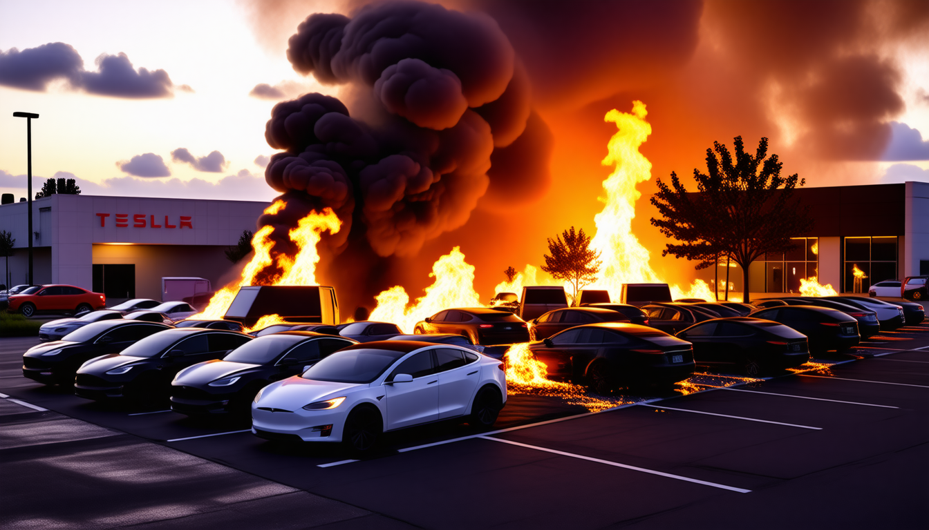 un incendie spectaculaire a détruit 24 véhicules tesla sur le parking d'un concessionnaire local, suscitant l'indignation et une enquête en cours.